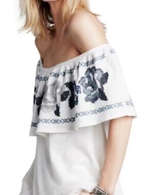 Free People White Off-Shoulder Floral Embroidered Top